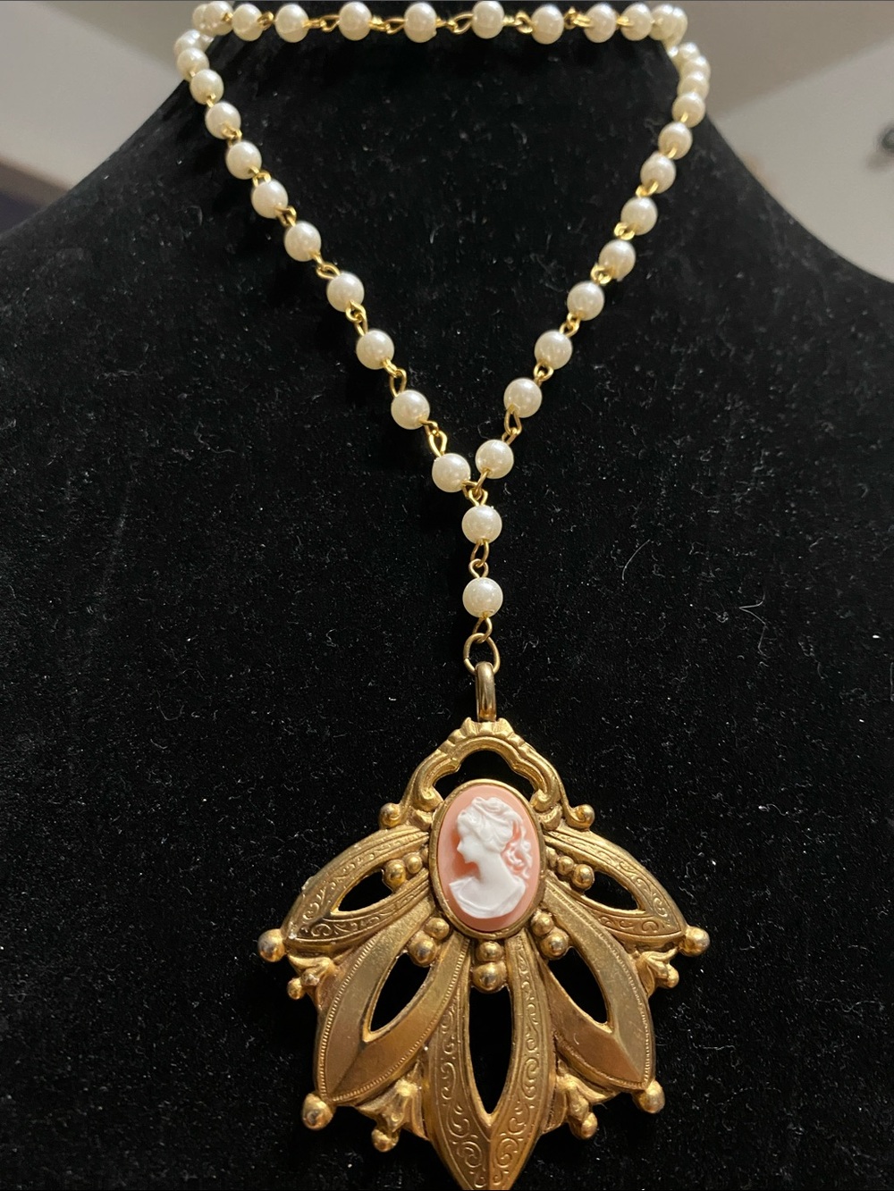 Gold Cameo Pendant Necklace with Faux Pearl Chain